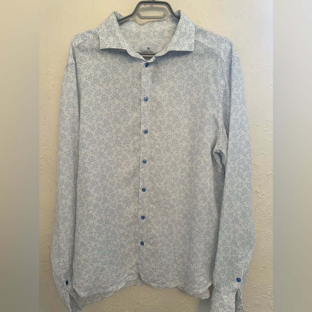 Lauro Napoli 100% Linen Shirt - Made in Italy - Blue Floral 3Xl (fits smaller)